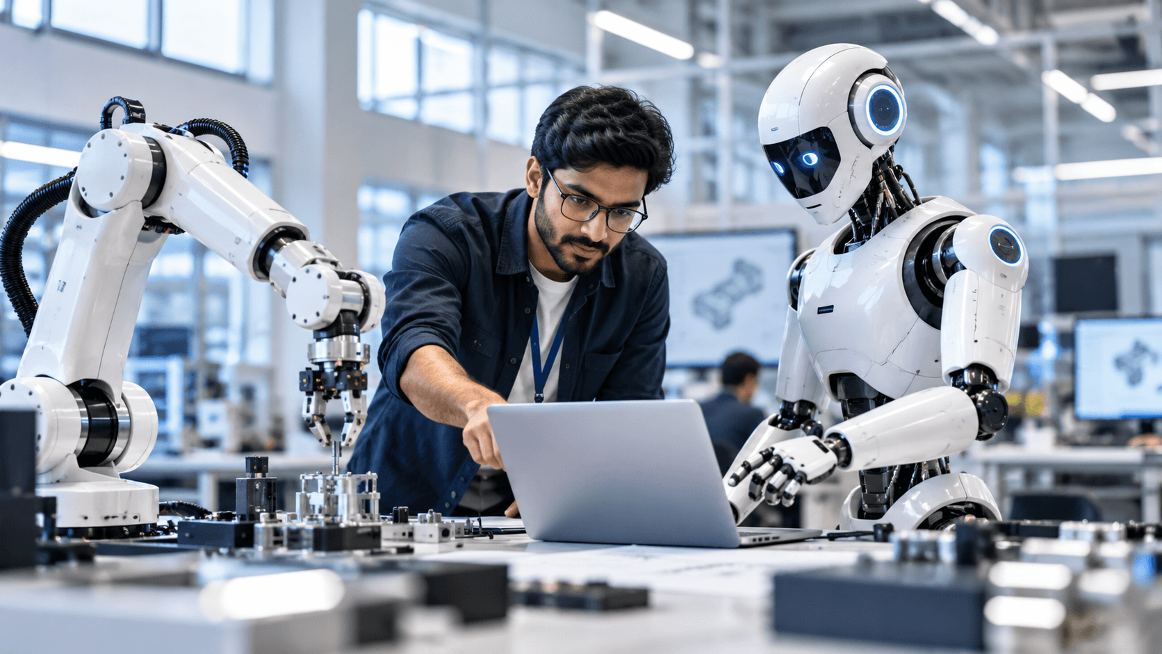 Aqlonyx robotics engineer collaborating with an industrial robot in a smart factory